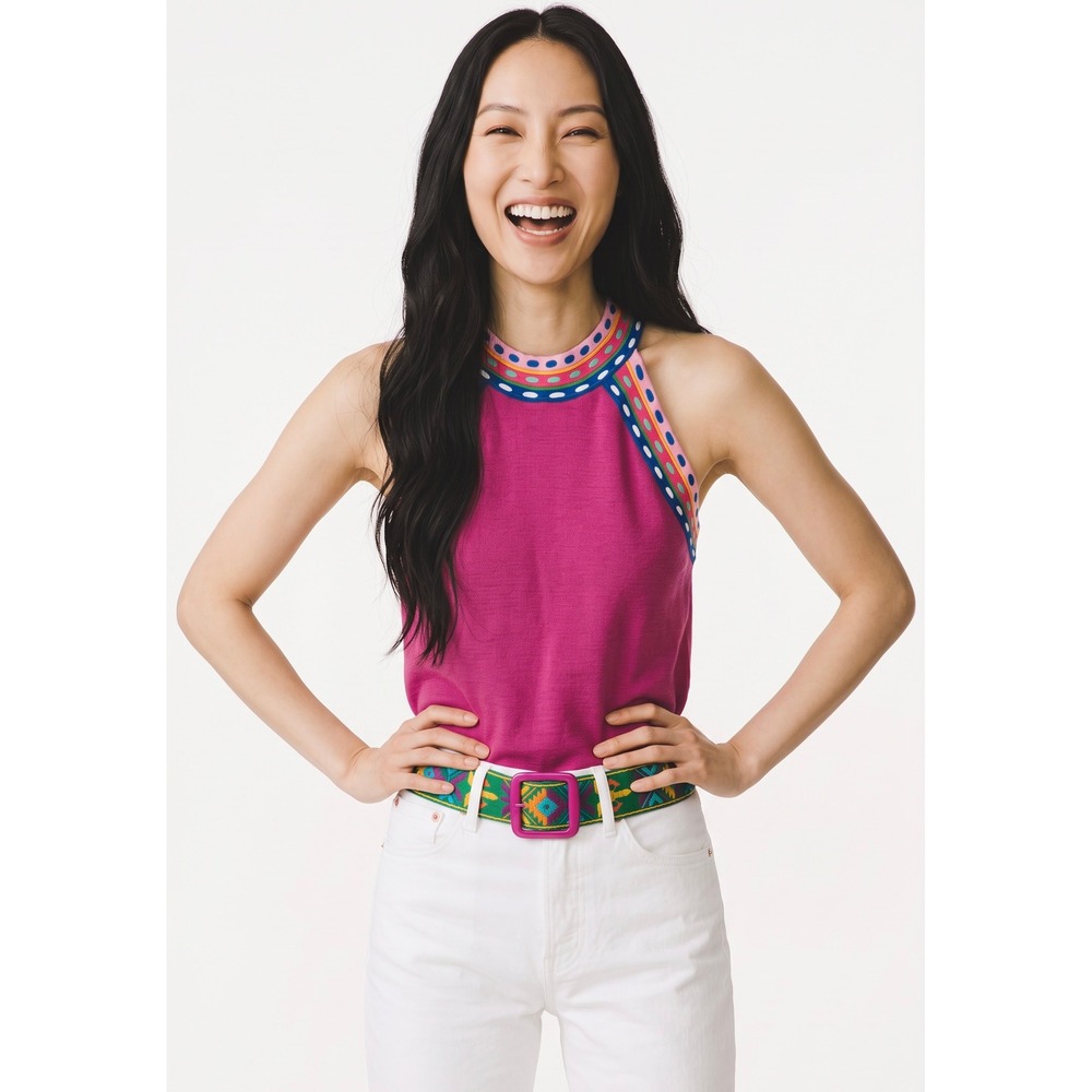 Boston Proper Magenta Knit Halter Top Embroidered Trim M Dopamine Dressing